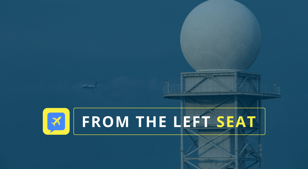Image of radar with an airplane, PlaneEnglish icon and title From the Left Seat